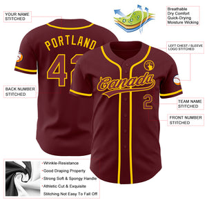 Custom Burgundy Yellow Authentic Baseball Jersey