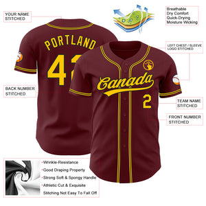 Custom Burgundy Yellow-Black Authentic Baseball Jersey