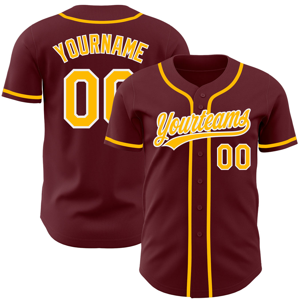 Custom Burgundy Gold-White Authentic Baseball Jersey