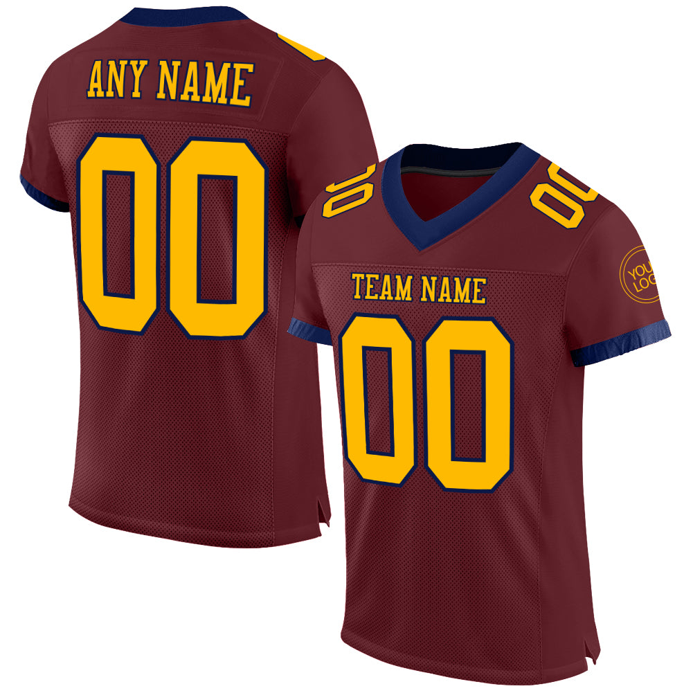 Custom Burgundy Gold-Navy Mesh Authentic Football Jersey