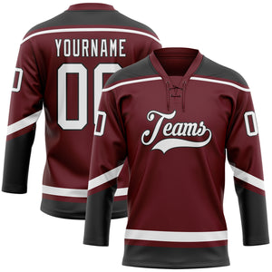 Custom Burgundy White-Black Hockey Lace Neck Jersey