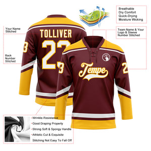 Custom Burgundy White-Gold Hockey Lace Neck Jersey