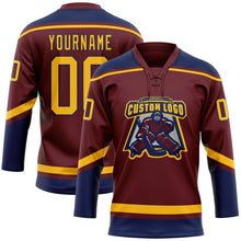 Load image into Gallery viewer, Custom Burgundy Gold-Navy Hockey Lace Neck Jersey
