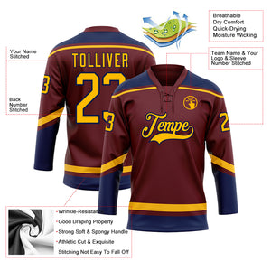 Custom Burgundy Gold-Navy Hockey Lace Neck Jersey