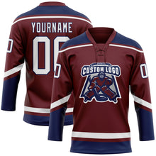 Load image into Gallery viewer, Custom Burgundy White-Navy Hockey Lace Neck Jersey
