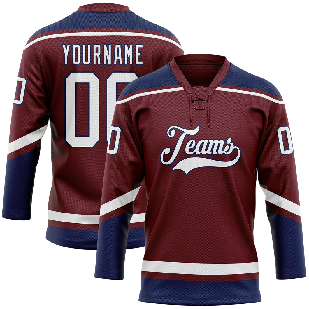 Custom Burgundy White-Navy Hockey Lace Neck Jersey