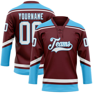 Custom Burgundy White-Sky Blue Hockey Lace Neck Jersey