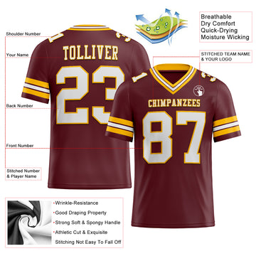 Custom Burgundy White-Gold Mesh Authentic Football Jersey