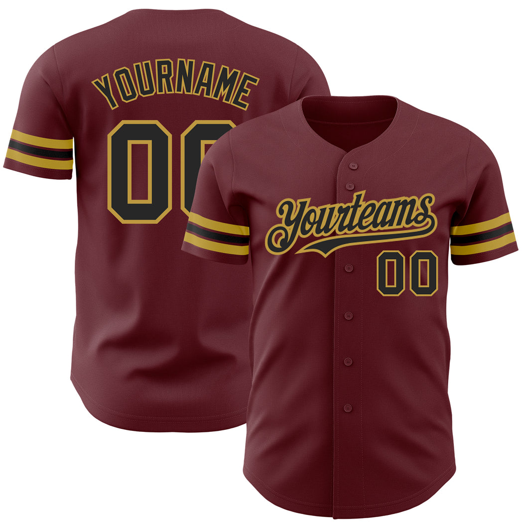 Custom Burgundy Black-Old Gold Authentic Baseball Jersey