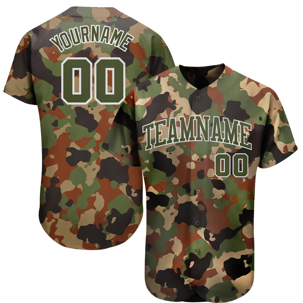 Custom Camo Olive-White Dark Classic Woodland Authentic Salute To Service Baseball Jersey