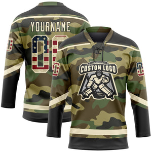 Custom Camo Vintage USA Flag Cream-Black Salute To Service Hockey Lace Neck Jersey