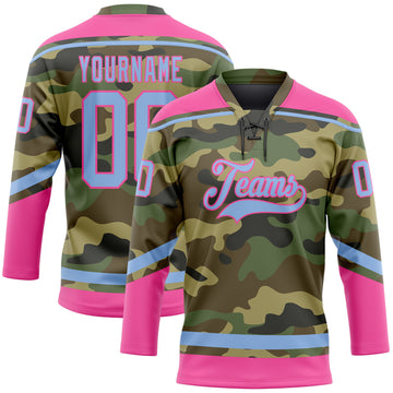 Custom Camo Light Blue-Pink Salute To Service Hockey Lace Neck Jersey