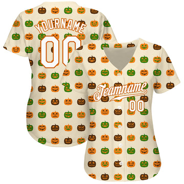 Custom Cream White-Texas Orange 3D Pattern Design Halloween Pumpkins Authentic Baseball Jersey