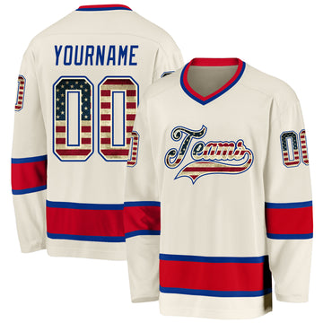 Custom Cream Vintage USA Flag Royal-Red Hockey Jersey