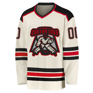 Custom Cream Black-Red Hockey Jersey