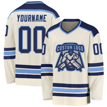 Load image into Gallery viewer, Custom Cream Navy-Light Blue Hockey Jersey
