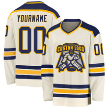 Load image into Gallery viewer, Custom Cream Navy-Gold Hockey Jersey
