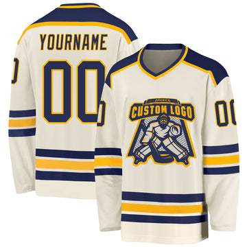 Custom Cream Navy-Gold Hockey Jersey