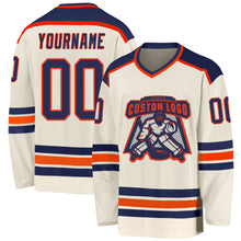 Load image into Gallery viewer, Custom Cream Navy-Orange Hockey Jersey
