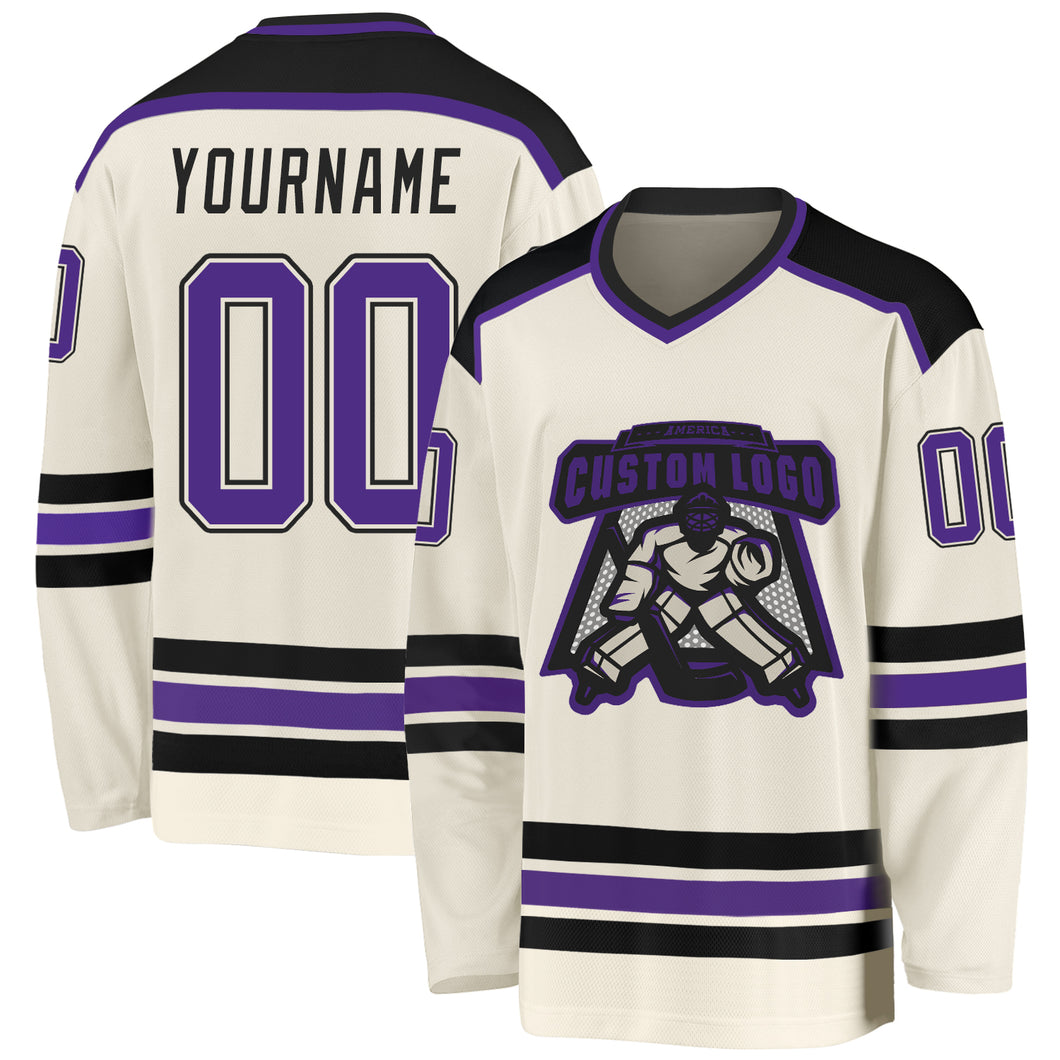 Custom Cream Purple-Black Hockey Jersey