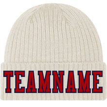 Load image into Gallery viewer, Custom Cream Red-Navy Stitched Cuffed Knit Hat
