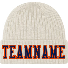 Load image into Gallery viewer, Custom Cream Navy-Orange Stitched Cuffed Knit Hat

