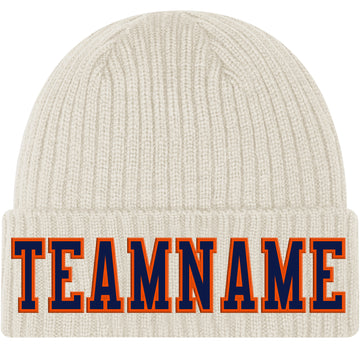 Custom Cream Navy-Orange Stitched Cuffed Knit Hat