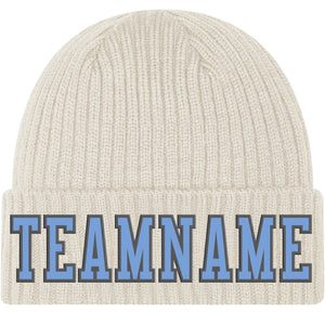 Custom Cream Light Blue-Steel Gray Stitched Cuffed Knit Hat