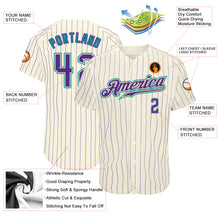 Load image into Gallery viewer, Custom Cream Purple Pinstripe Purple-Teal Authentic Baseball Jersey
