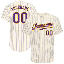 Load image into Gallery viewer, Custom Cream Purple Pinstripe Purple-Gold Authentic Baseball Jersey
