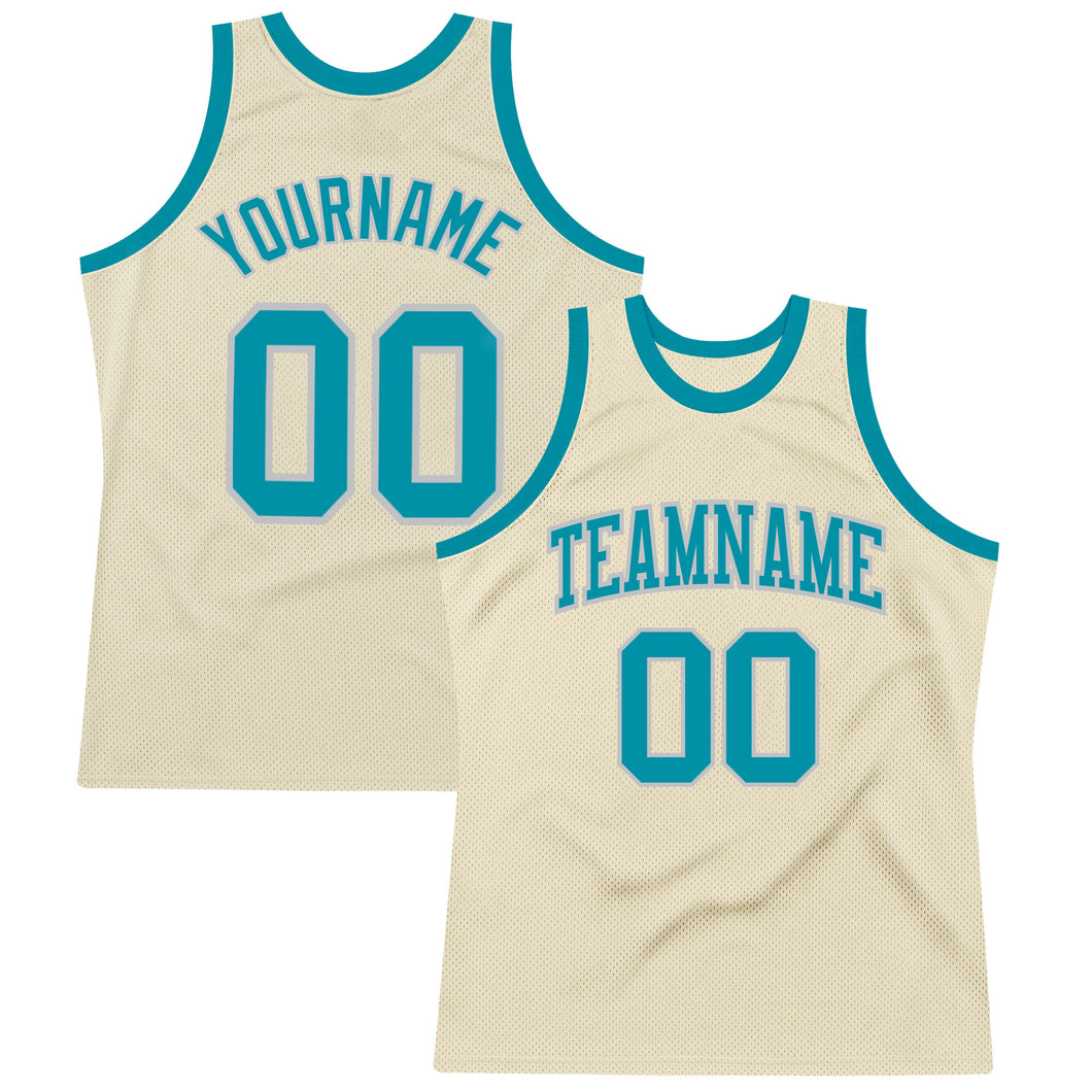 Custom Cream Teal-Gray Authentic Throwback Basketball Jersey