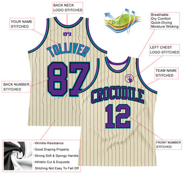 Custom Cream Black Pinstripe Purple-Teal Authentic Basketball Jersey