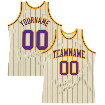 Custom Cream Black Pinstripe Purple-Gold Authentic Basketball Jersey