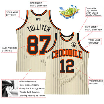 Custom Cream Black Pinstripe Black-Orange Authentic Basketball Jersey