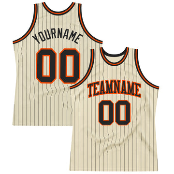 Custom Cream Black Pinstripe Black-Orange Authentic Basketball Jersey