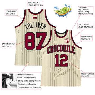 Custom Cream Black Pinstripe Maroon Authentic Basketball Jersey