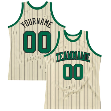 Custom Cream Black Pinstripe Kelly Green Authentic Basketball Jersey