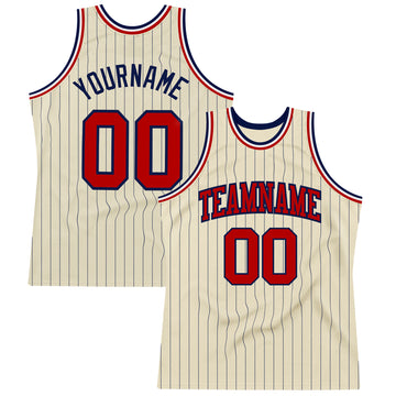 Custom Cream Navy Pinstripe Red Authentic Basketball Jersey