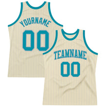 Load image into Gallery viewer, Custom Cream Gray Pinstripe Teal Authentic Basketball Jersey
