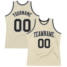 Load image into Gallery viewer, Custom Cream Gray Pinstripe Black Authentic Basketball Jersey

