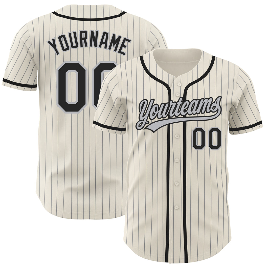 Custom Cream Gray Pinstripe Black Authentic Baseball Jersey