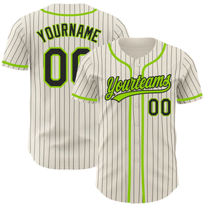 Custom Cream Black Pinstripe Neon Green Authentic Baseball Jersey