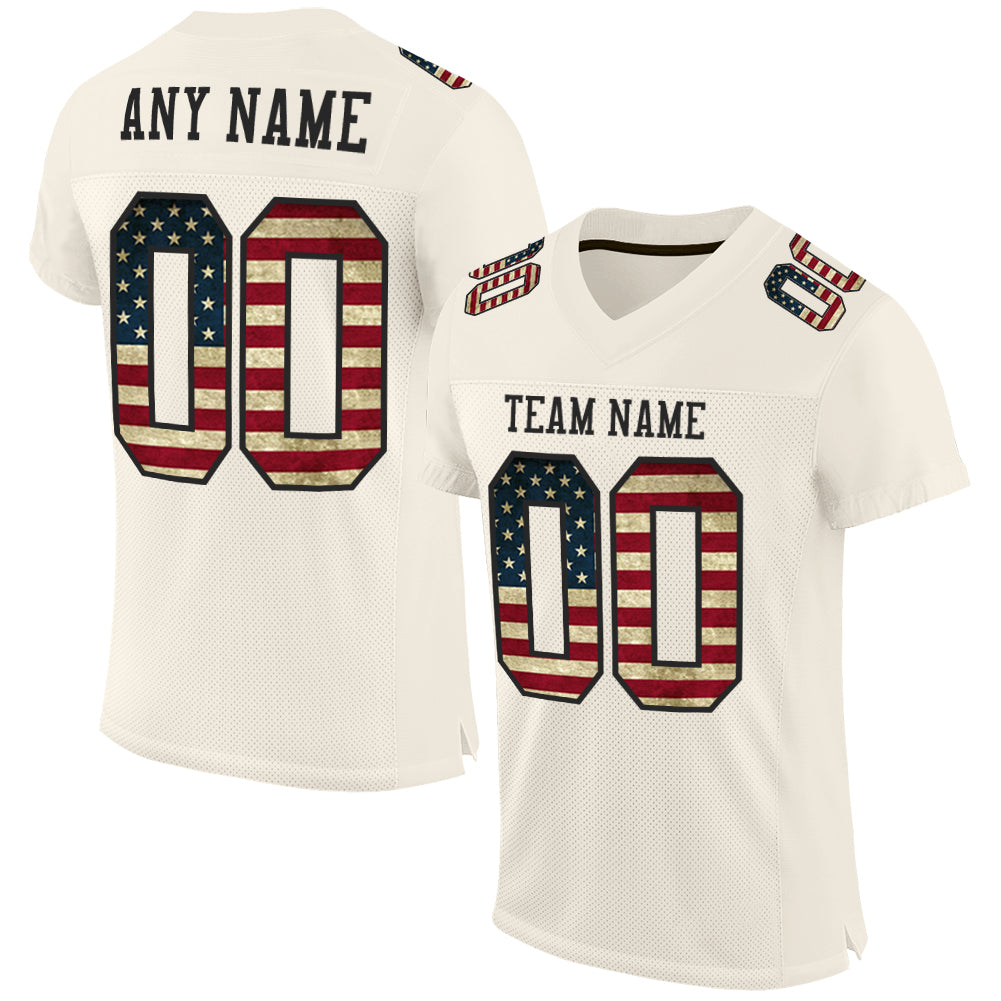 Custom Cream Vintage USA Flag-Black Mesh Authentic Football Jersey