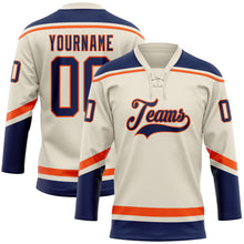 Load image into Gallery viewer, Custom Cream Navy-Orange Hockey Lace Neck Jersey
