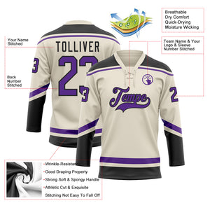 Custom Cream Purple-Black Hockey Lace Neck Jersey