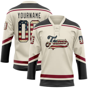 Custom Cream Vintage USA Flag Black-Maroon Hockey Lace Neck Jersey