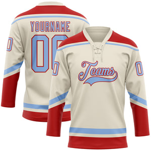 Custom Cream Light Blue-Red Hockey Lace Neck Jersey