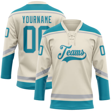 Custom Cream Teal-Gray Hockey Lace Neck Jersey