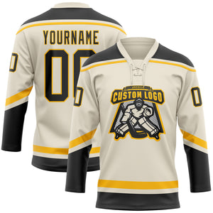 Custom Cream Black-Gold Hockey Lace Neck Jersey