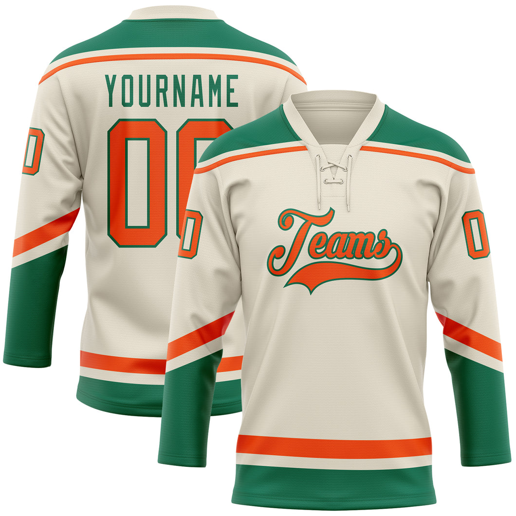 Custom Cream Orange-Kelly Green Hockey Lace Neck Jersey